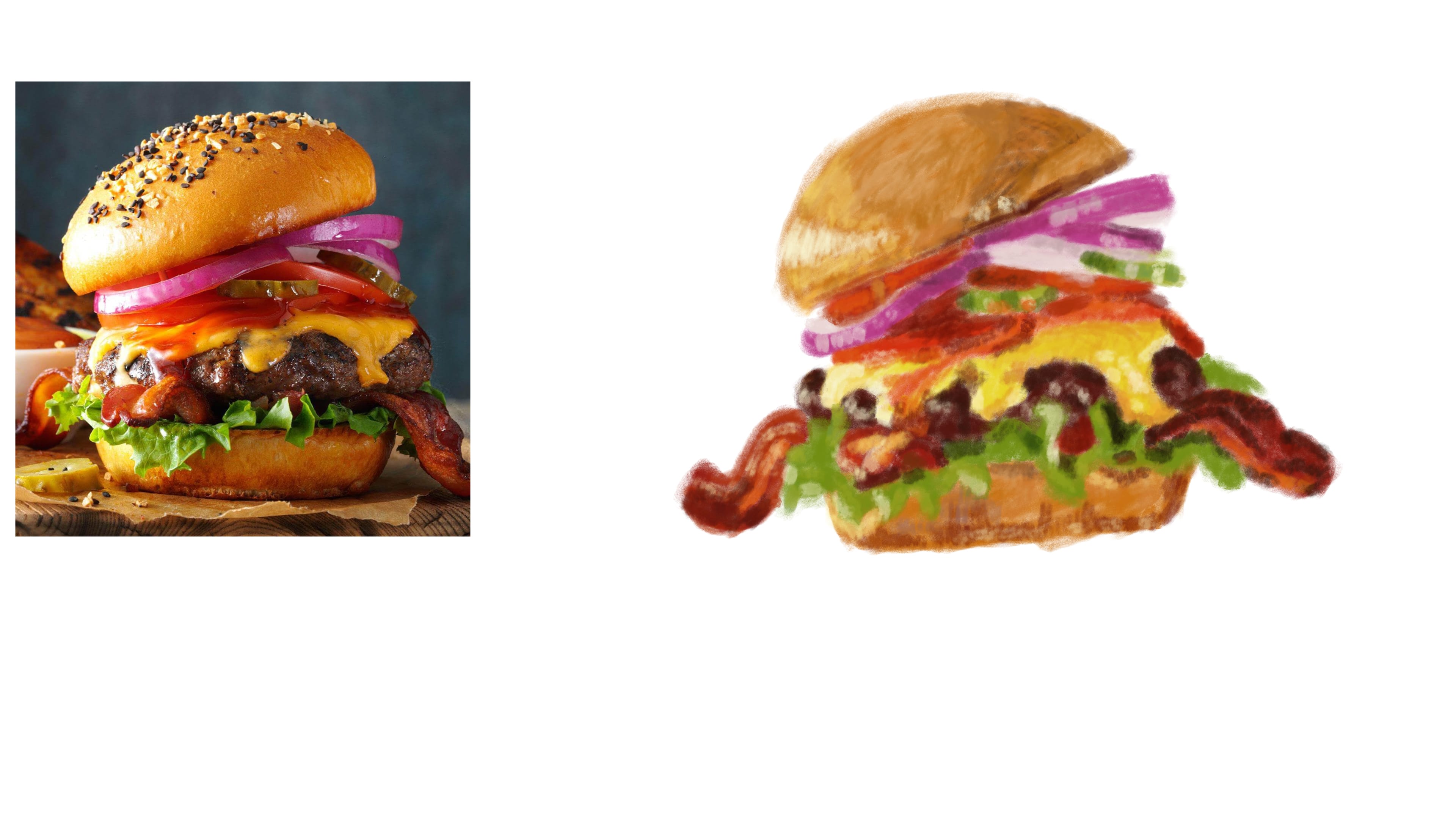 A digital painting of a stacked hamburger besides a photo of the real thing