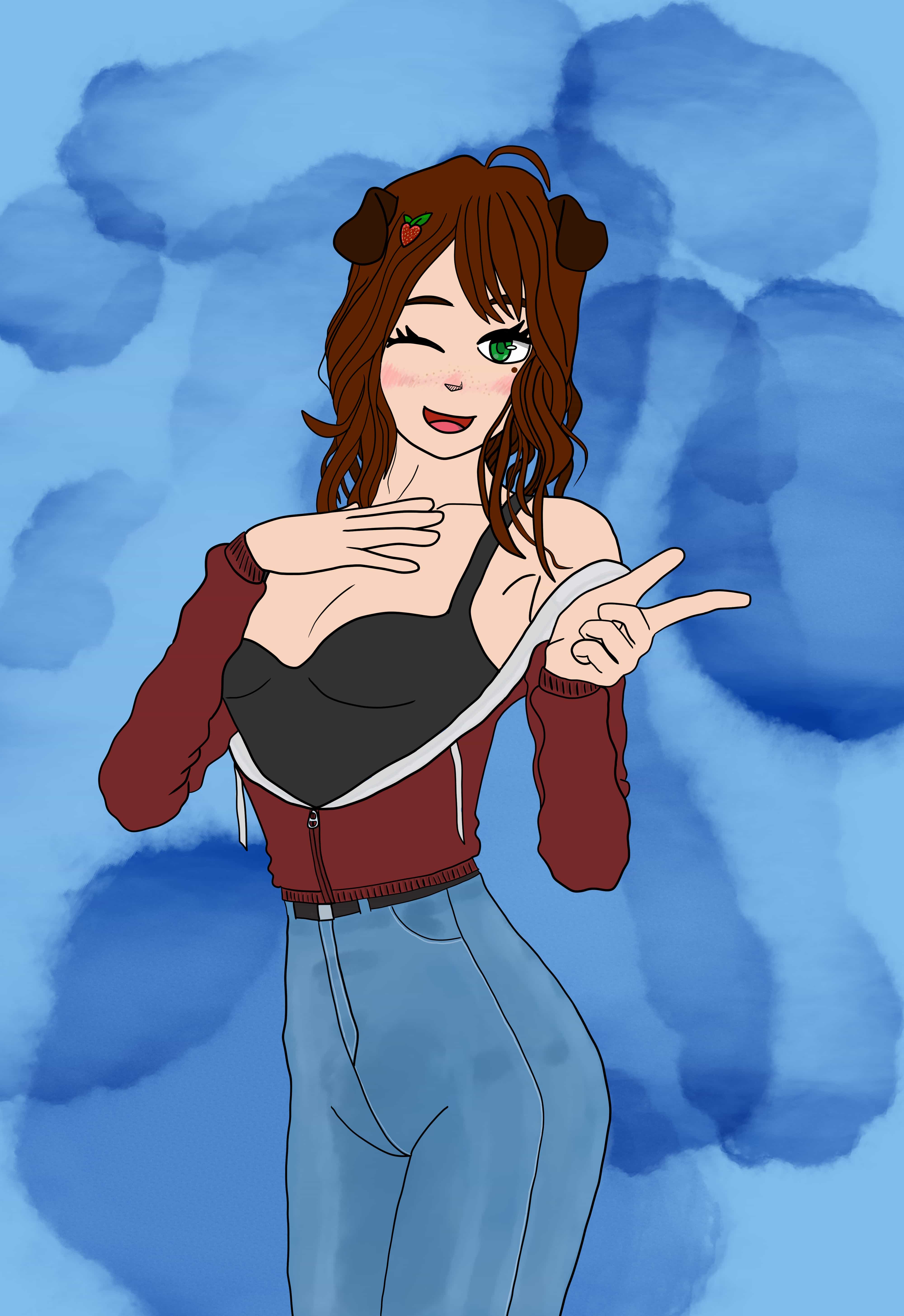 A similing girl wearing what looks like a partially unzipped hoodie revealing a black camisole above blue jeans smiling and winking as she extends one of her arms