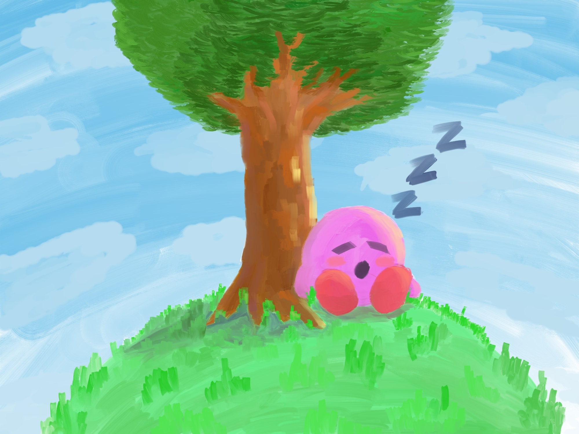 Kirby the pink puffball sleeping against a tree