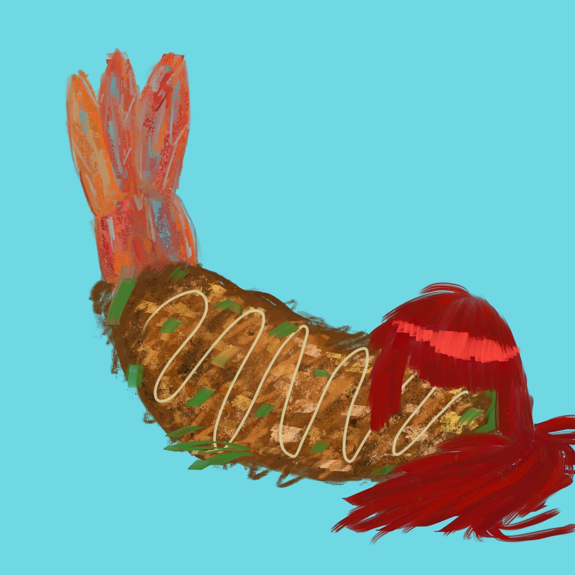 A fried prawn cutlet on a blue background with a red wig on top of it.