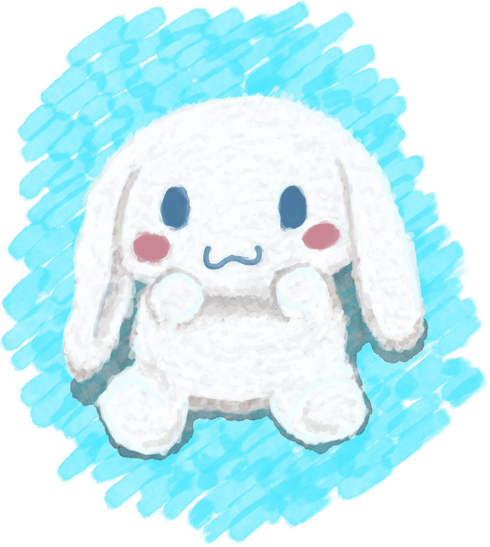 A cute plushy of a white dog smiling and almost holding his face